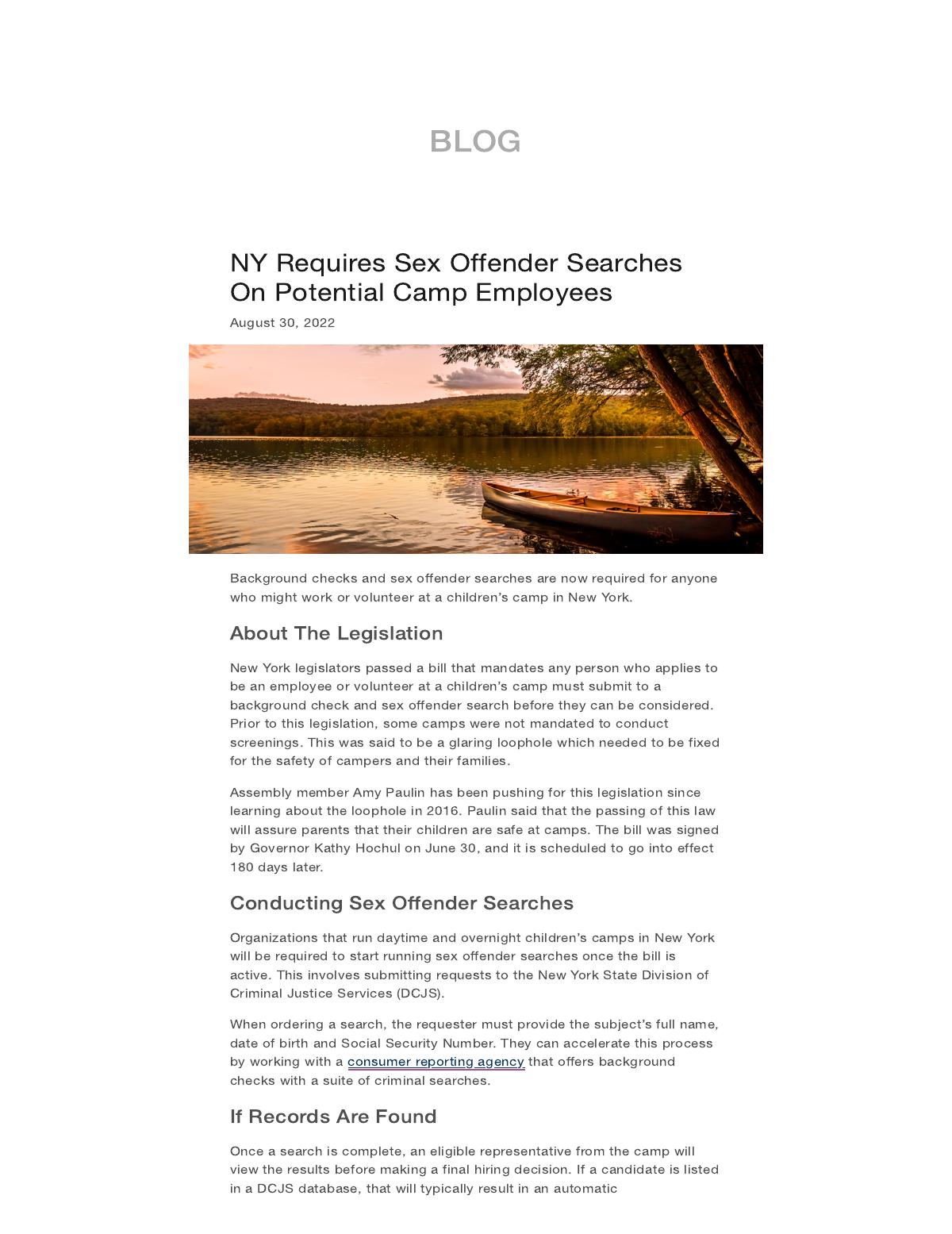 NY Requires Sex Offender Searches On Potential Camp Employees - Backgrounds Online BLOG