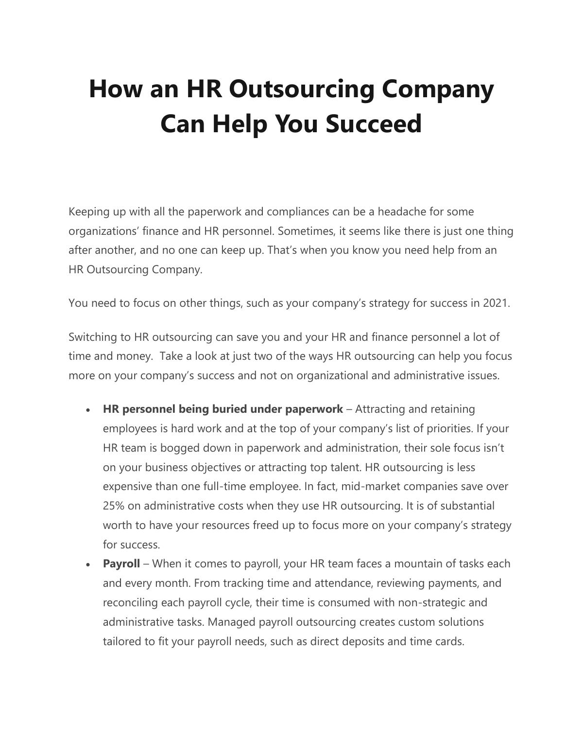 How an HR Outsourcing Company Can Help You Succeed 